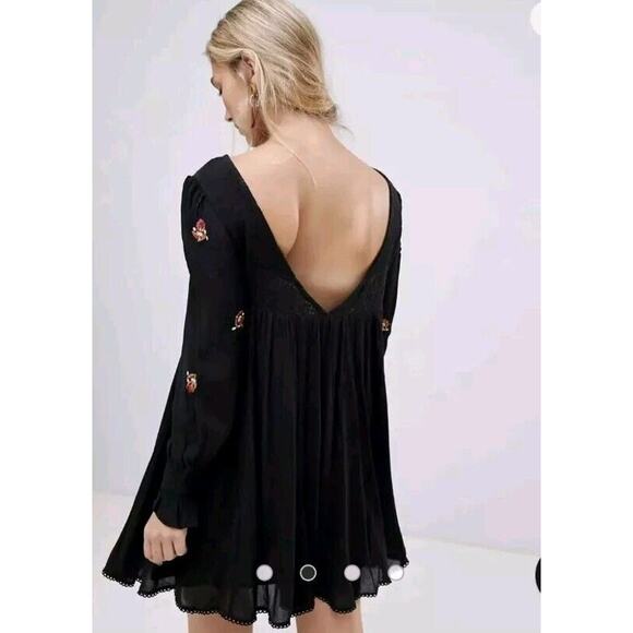 Free People Small Dress Black Mohave Embroidered‎ Mini Tunic Lace Long Sleeve - Picture 2 of 16
